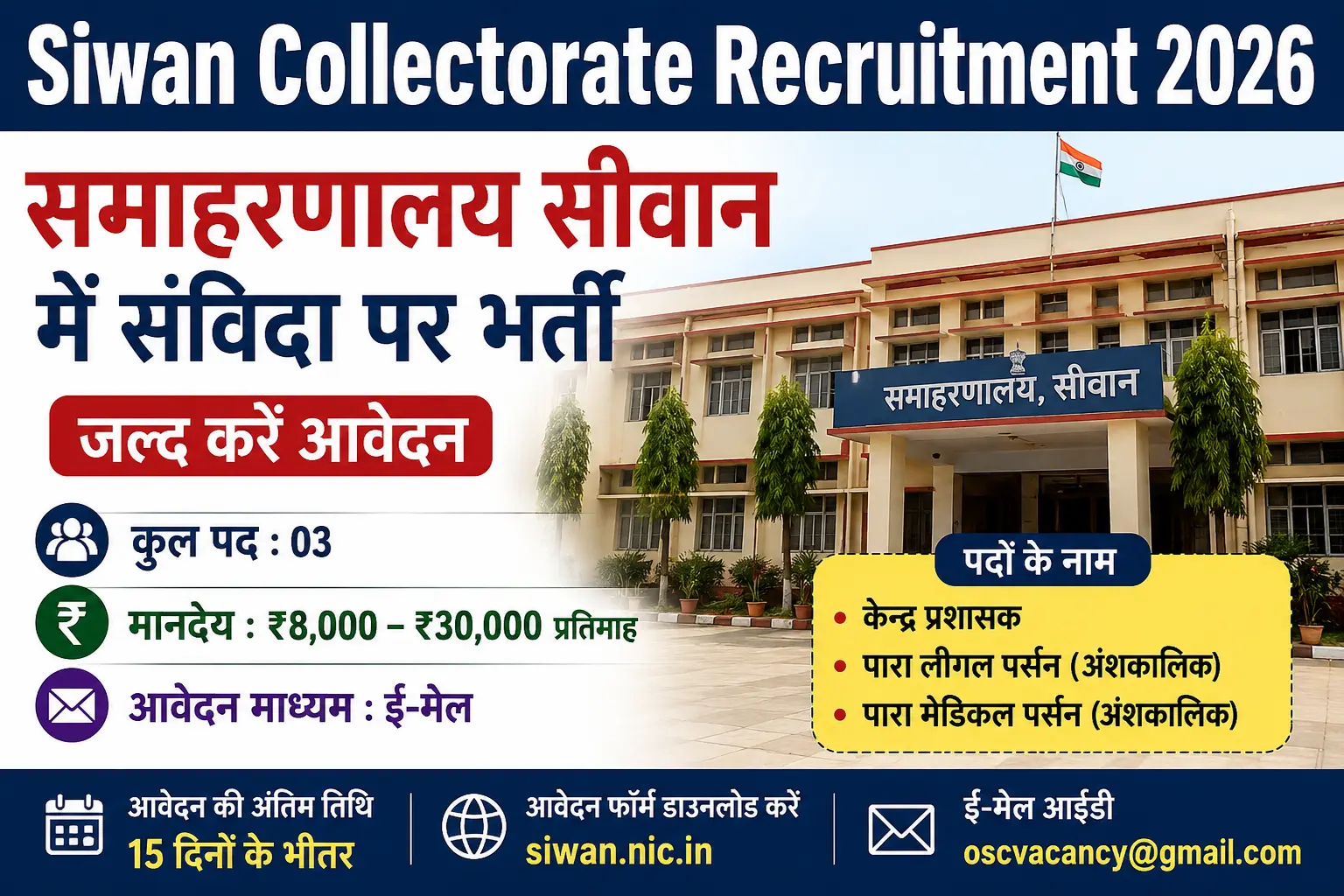 Siwan Collectorate Recruitment 2026 – One Stop Centre Siwan Vacancy 2026