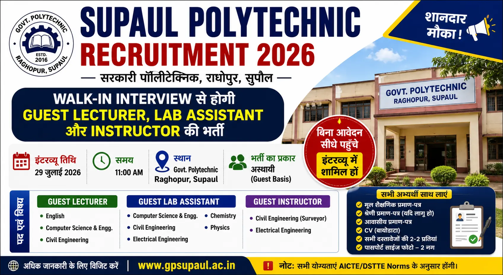 Supaul Polytechnic Recruitment 2026 Guest Lecturer Recruitment