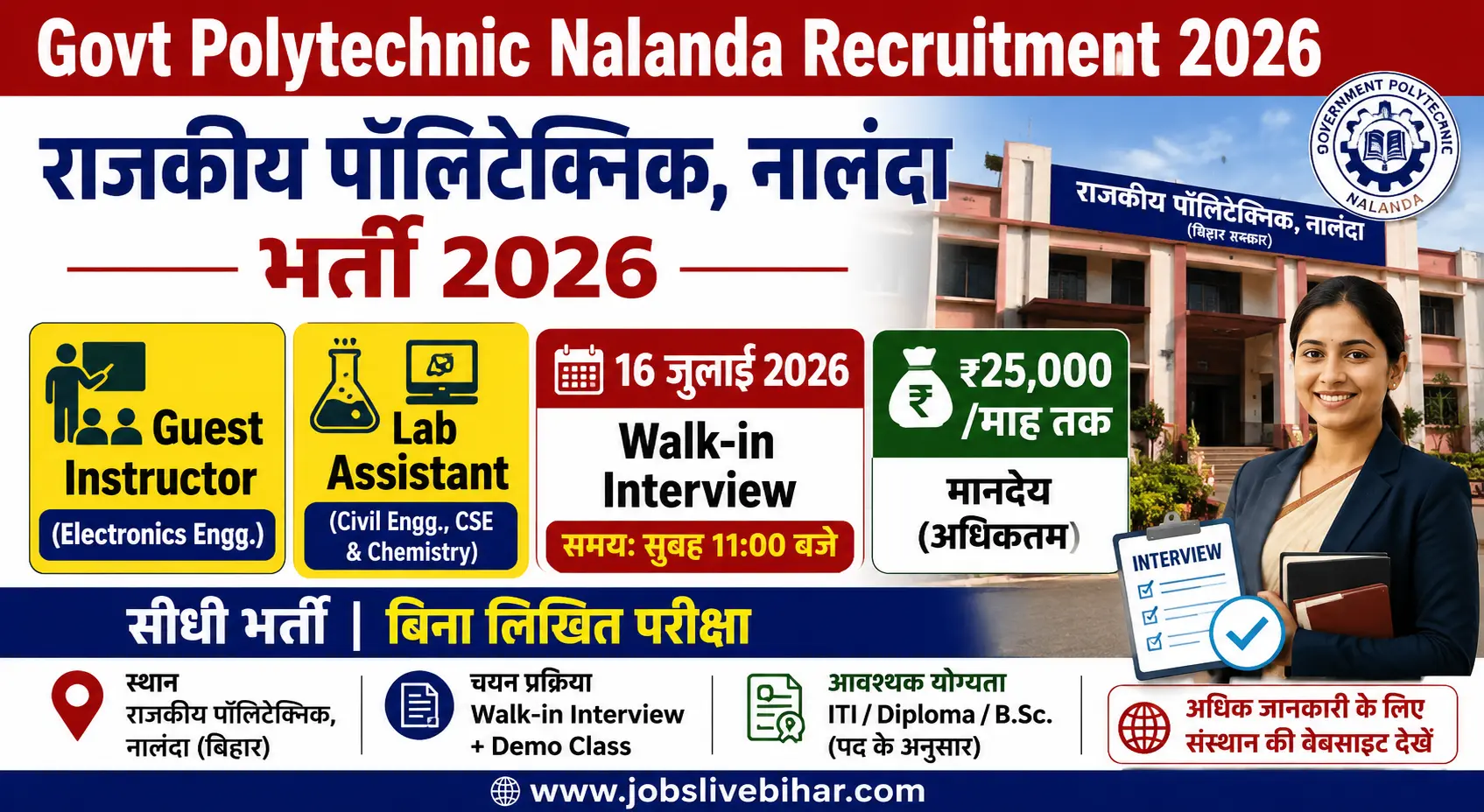 Govt Polytechnic Nalanda Recruitment 2026 Guest Instructor, Guest Lab Assistant Walk-in Interview 16 July 2026
