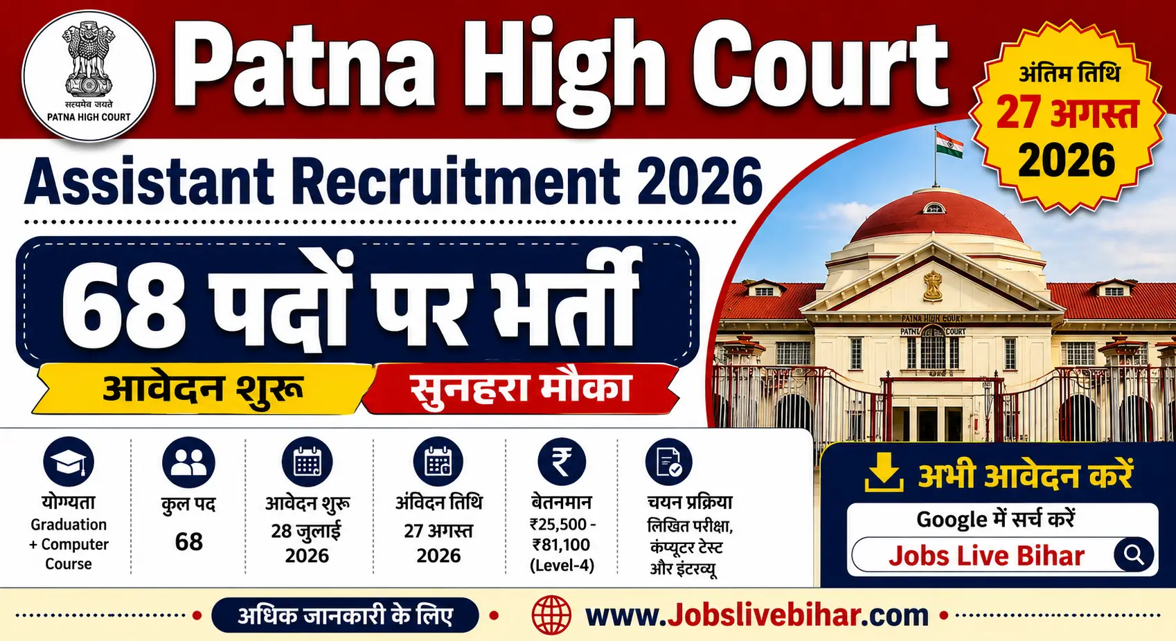 Patna High Court Assistant Recruitment 2026 68 पदों पर भर्ती, आवेदन शुरू